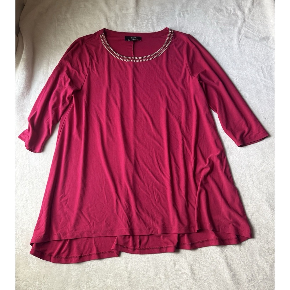 Dennis by Dennis Basso Red Beaded Pullover Tunic Blouse Round Neck 3/4 Sleeve M